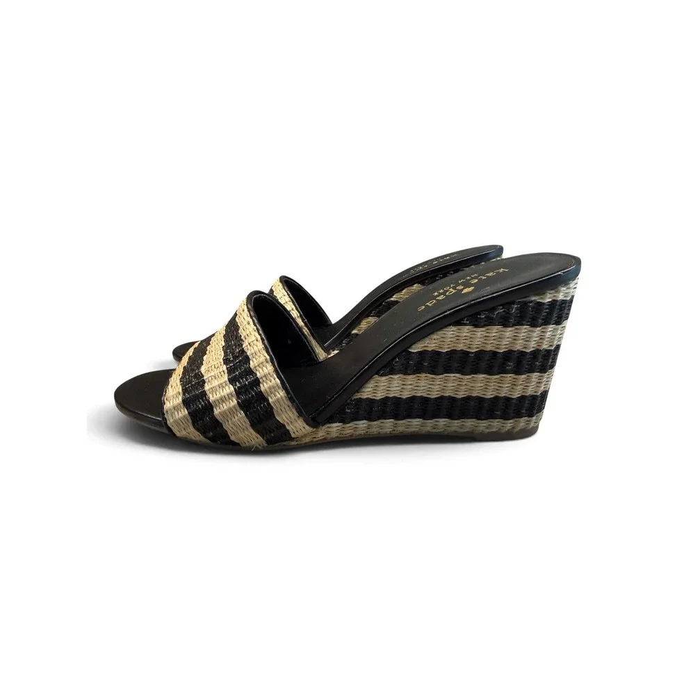 Kate Spade NY Linda Wedge Sandals Black Cream Striped Raffia & Leather Size 6.5M